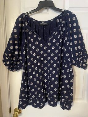 Lane Bryant Navy Geometric Print Peasant Blouse
